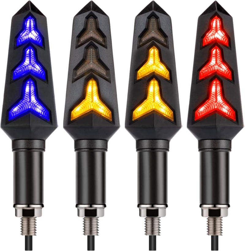 KICRY Sequential Turn Signal Motorcycle Blinkers LED Front Rear Flowing Indicators Daytime Running Light Universal Compatible with Harley Honda Kawasaki Suzuki Yamaha (Blue/Amber/Red) - Image 1